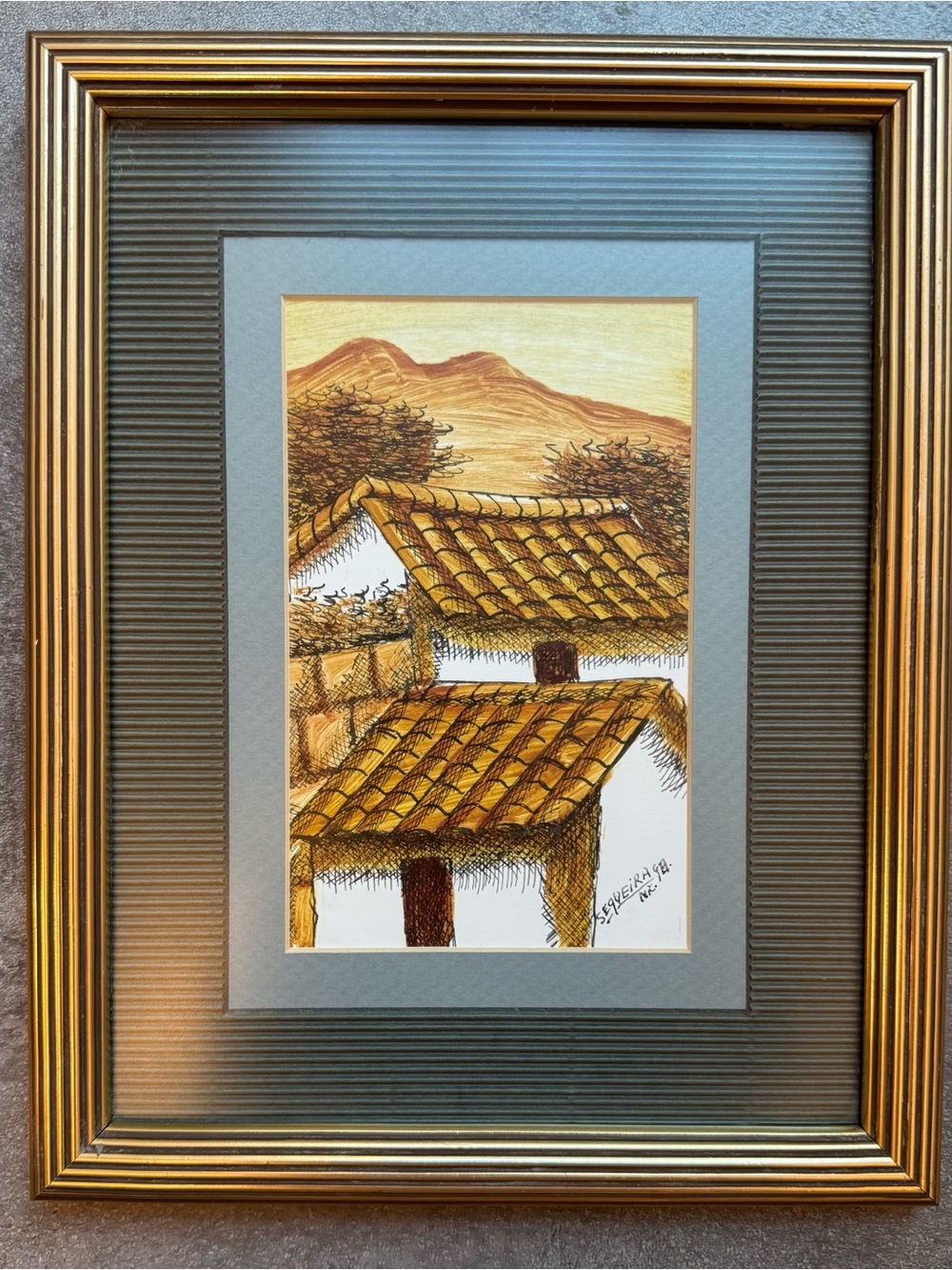 Vintage Nicaraguan Rustic Tile Roof Painting Illustration Art Brown Gold Tones